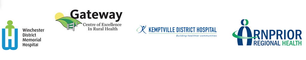 Logos of WDMH, Gateway Centre of Excellence in Rural Health, Kemptville District Hospital and Arnprior Regional Health